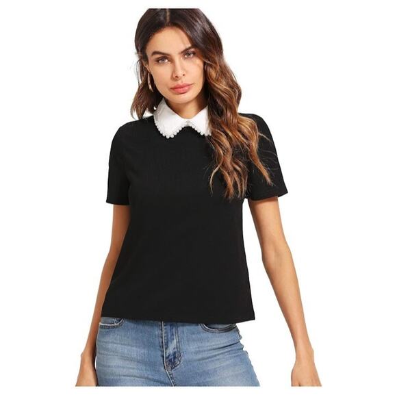 Women's Embellished Peter Pan Pearl Collar RBG Short Sleeve Blouse Size M Black - Picture 1 of 10